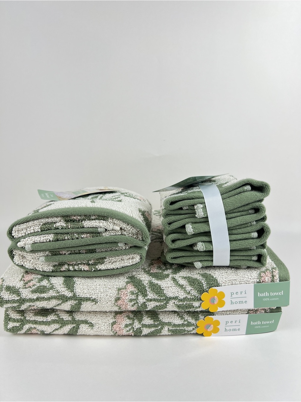 Peri Home Bath Towel Set Green Pink Off White Floral Design 100% Cotton 8 Pc NEW
